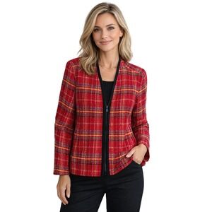 Vintage M.H.M. Red Plaid Zip Front Womens Jacket Sz 18 Lightweight Bouclé Office